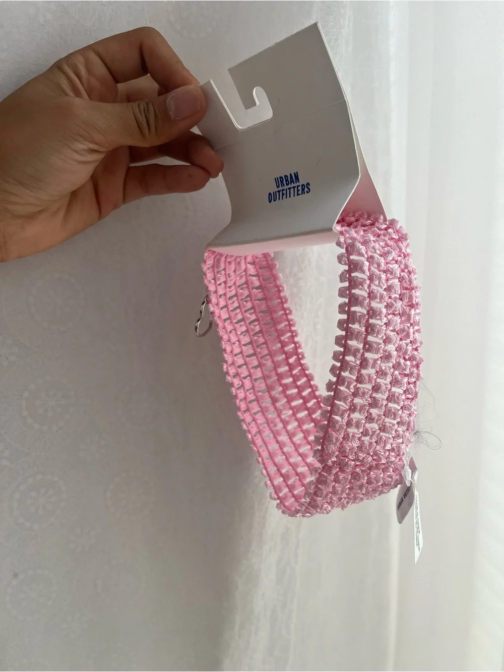 BNWT Urban Outfitters Light Pink Crochet Headband with Heart Charm